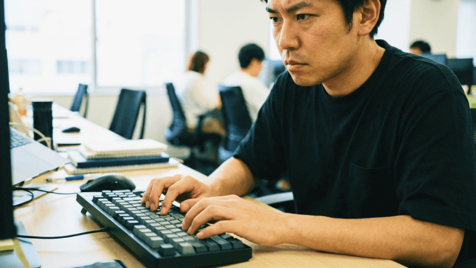 オフィスのデスクでパソコン作業に集中する男性