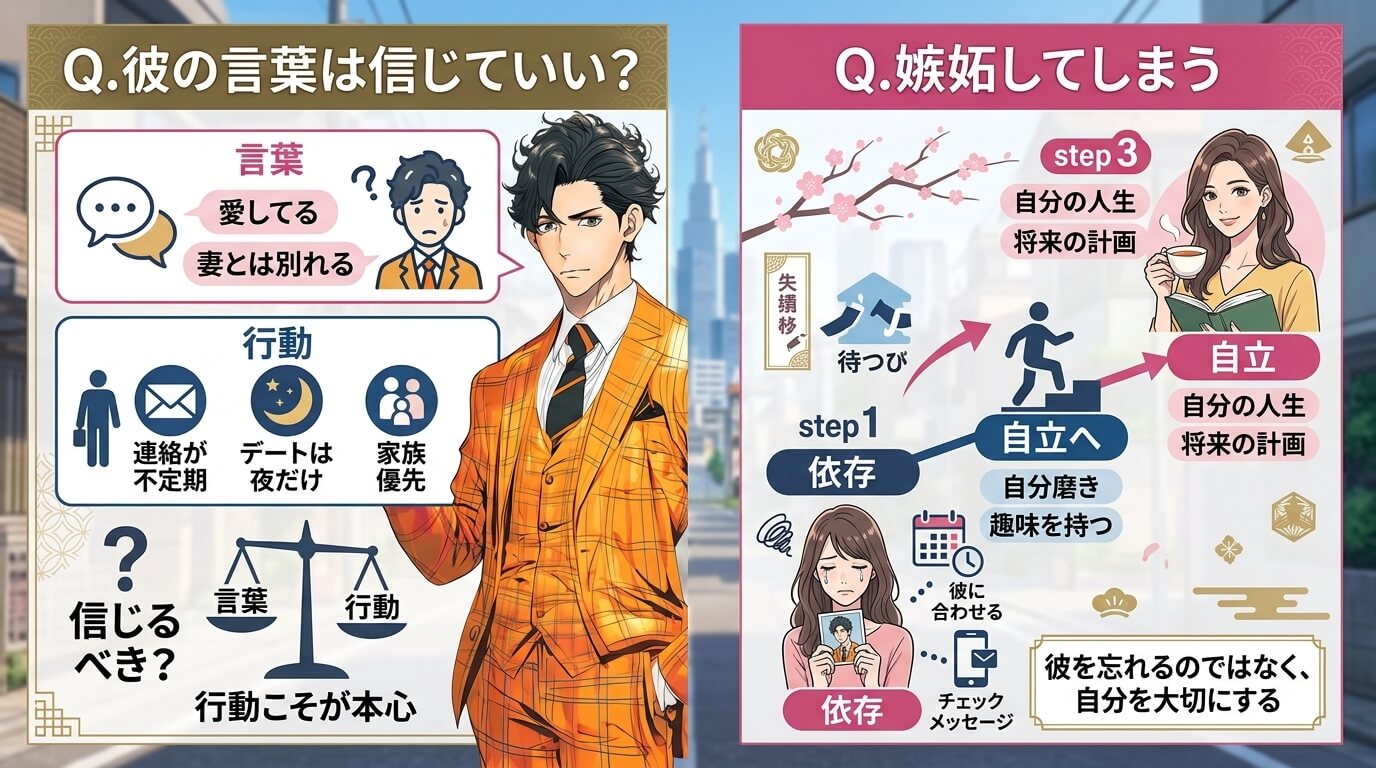 日本人の写真と現代日本の風景がベース。参照画像のテイストで生成。, 「職場の既婚男性との関係の悩み」をテーマにしたインフォグラフィック。画面を左右に分割し、左は「Q.彼の言葉は信じていい？」として「言