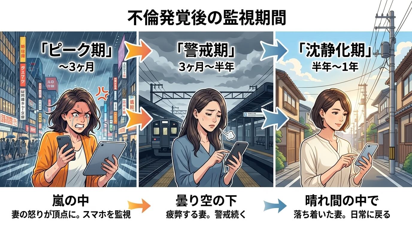 日本人の写真と現代日本の風景がベース。参照画像のテイストで生成。, 「不倫発覚後の監視期間」を示すインフォグラフィック。左から右への時系列で「ピーク期」「警戒期」「沈静化期」の3段階を描くステップ図。