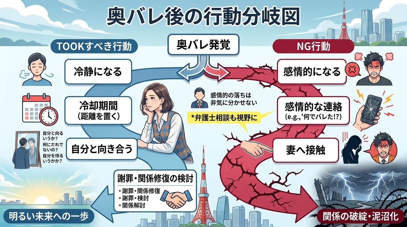 日本人の写真と現代日本の風景がベース。参照画像のテイストで生成。, インフォグラフィック、フローチャート形式。「奥バレ後の行動分岐図」というタイトル。上部の「奥バレ発覚」から道が左右に分岐。左は青い道