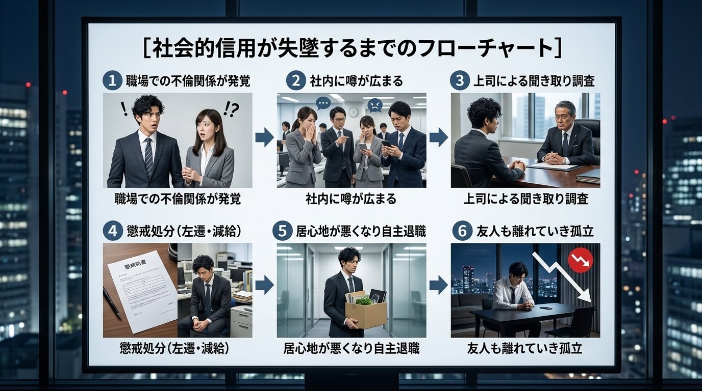 社会的信用が失墜するまでのフローチャート。「職場での不倫関係が発覚」→「社内に噂が広まる」→「上司による聞き取り調査」→「懲戒処分（左遷・減給）」→「居心地が悪くなり自主退職」→「友人も離れていき孤立