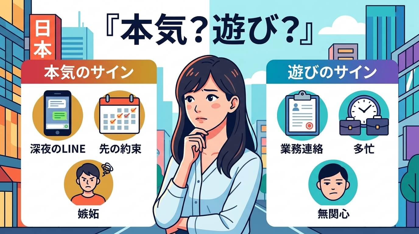 日本人の写真と現代日本の風景がベース。参照画像のテイストで生成。, 「本気？遊び？」というタイトルのインフォグラフィック。中央の女性イラストを挟み、左側を暖色系で「本気のサイン」、右側を寒色系で「遊び