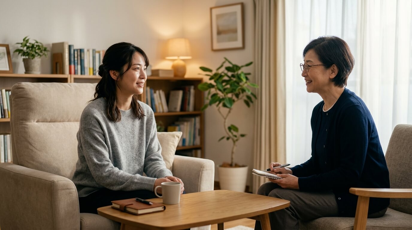 カウンセラーに相談して少し安心した表情の女性のイラスト]