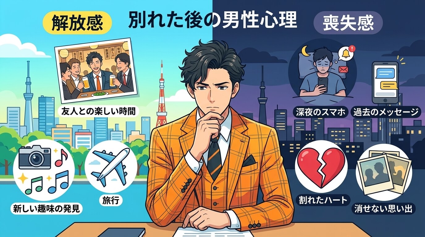 日本人の写真と現代日本の風景がベース。参照画像のテイストで生成。, 「別れた後の男性心理」をテーマにしたインフォグラフィック。中央に考え込む男性を配置し、背景を左右二分割する。左側は「解放感」をテーマ