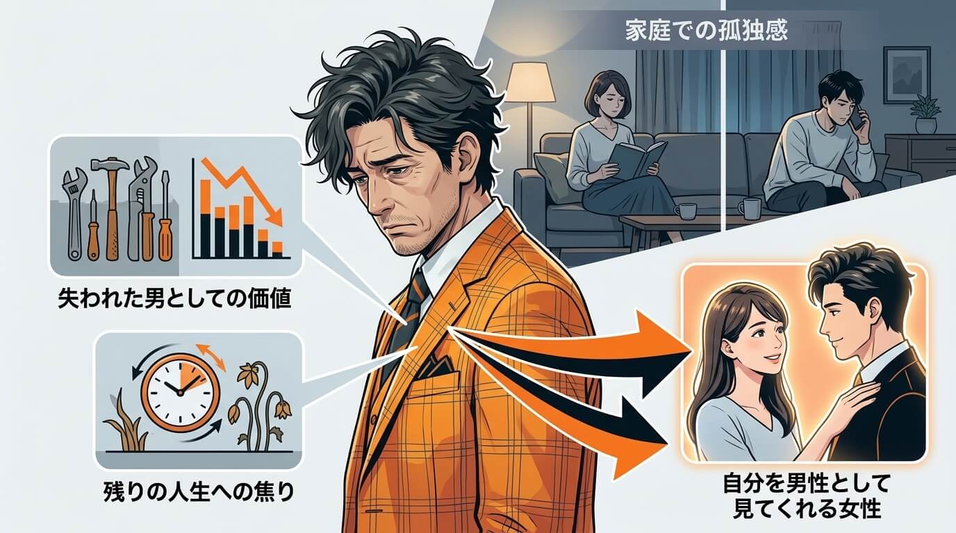 日本人の写真と現代日本の風景がベース。参照画像のテイストで生成。, インフォグラフィック、図解。中央に物憂げな表情の50代男性を配置。彼の背後には「家庭での孤独感」を象徴する冷めた家庭風景。彼の心から