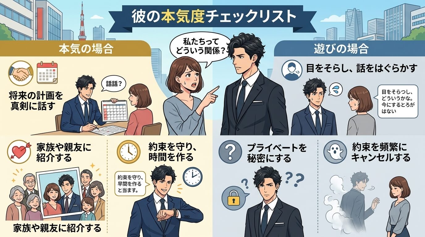 日本人の写真と現代日本の風景がベース。参照画像のテイストで生成。, インフォグラフィック、「彼の本気度チェックリスト」。中央に困った顔の女性が男性に「私たちってどういう関係？」と問いかけるイラスト。画