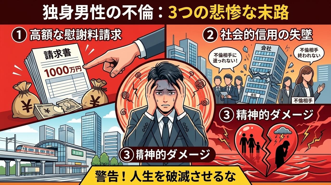 日本人の写真と現代日本の風景がベース。参照画像のテイストで生成。, 独身男性が既婚女性との不倫で迎える3つの悲惨な末路を描いたインフォグラフィック。中央に悩む男性を配置し、彼を取り囲むように①「高額な