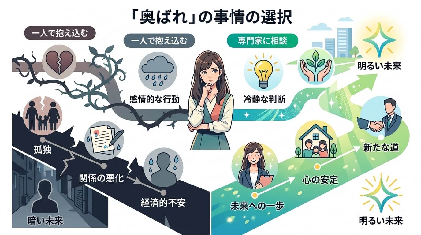 日本人の写真と現代日本の風景がベース。参照画像のテイストで生成。, 「奥バレ」後の選択を示すインフォグラフィック。中央に悩む女性を配置し、左には「感情的な行動」から暗い未来へ続く道、右には「専門家に相