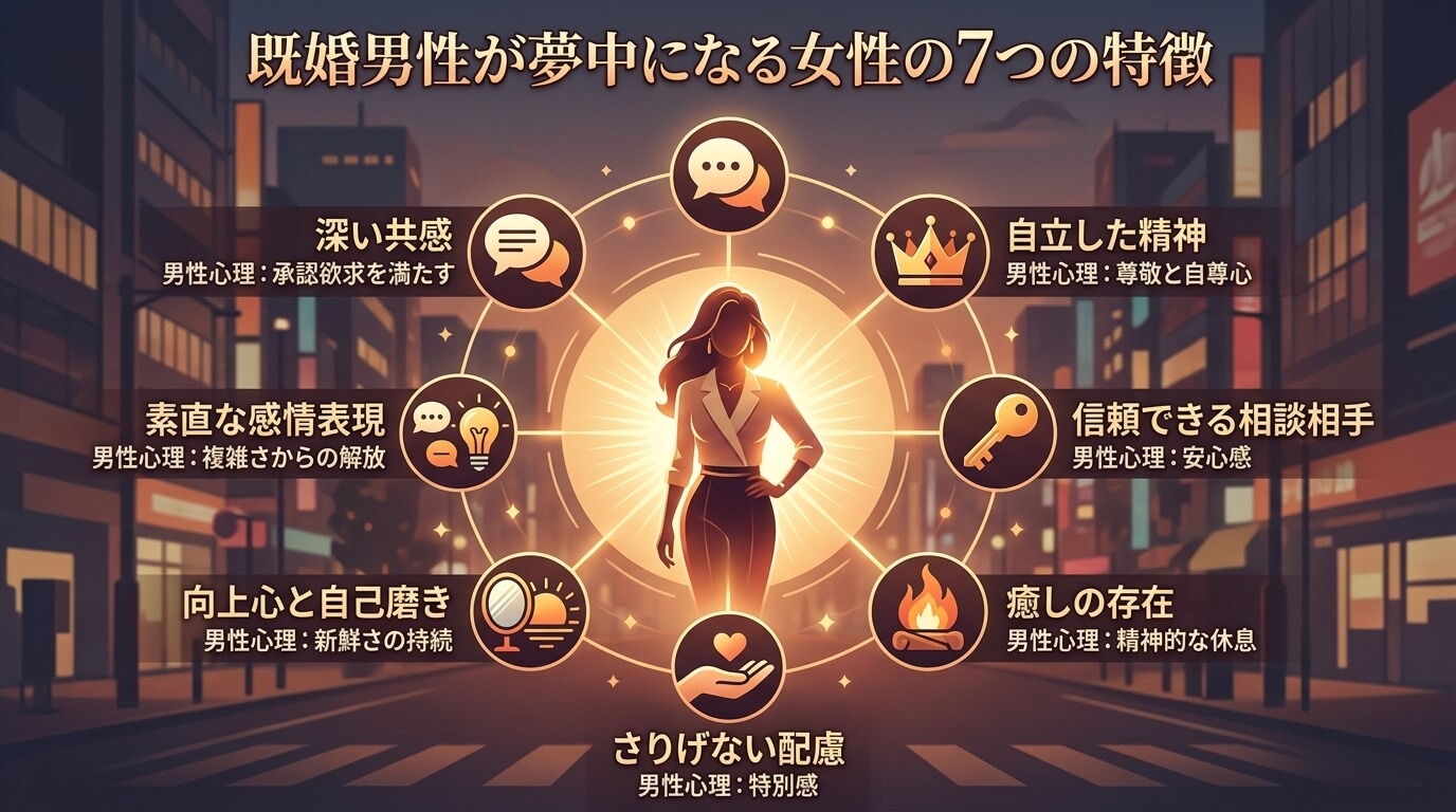 日本人の写真と現代日本の風景がベース。参照画像のテイストで生成。, 「既婚男性が夢中になる女性の7つの特徴」をテーマにしたインフォグラフィック。中央に輝く女性のシルエットを配置し、その周りに「共感の吹