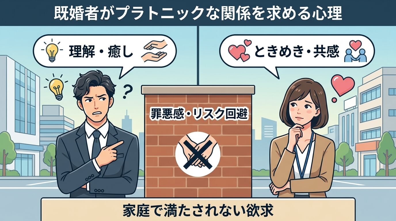 日本人の写真と現代日本の風景がベース。参照画像のテイストで生成。, インフォグラフィック、フラットデザイン。タイトル「既婚者がプラトニックな関係を求める心理」。画面を左右に分け、左に悩む男性、右に物思