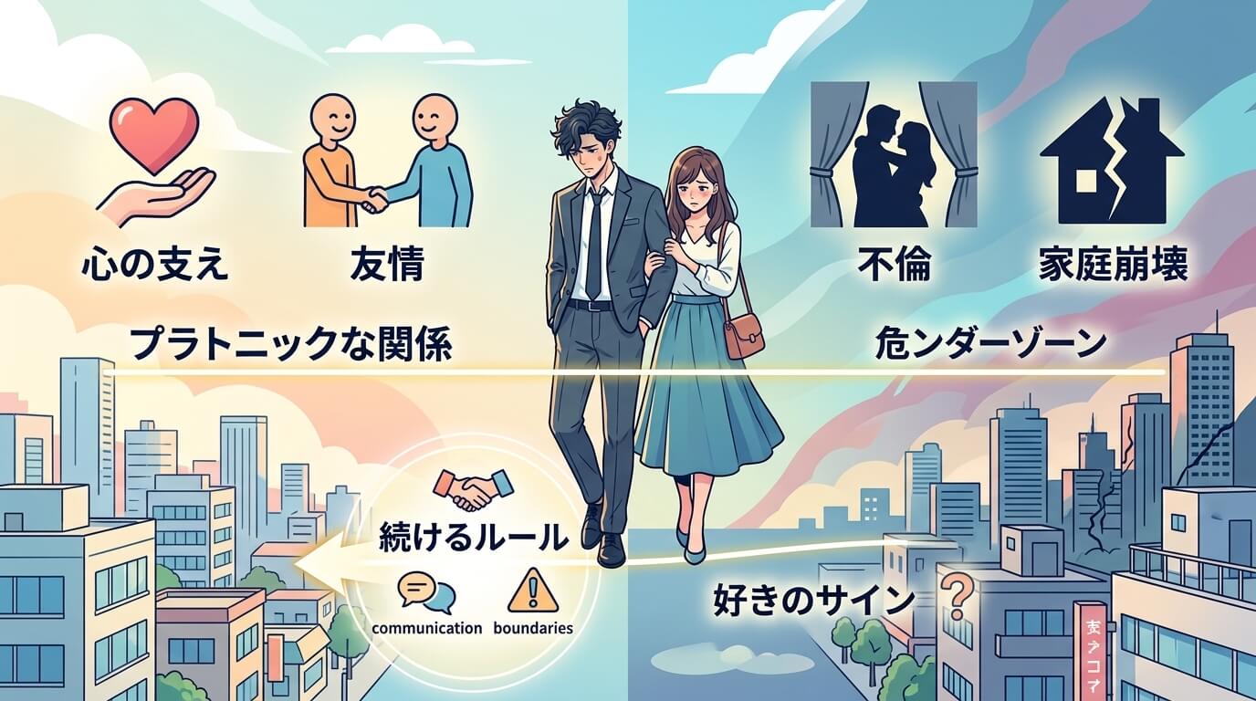 日本人の写真と現代日本の風景がベース。参照画像のテイストで生成。, インフォグラフィック図解。中央に引かれた「プラトニックな関係」という細い境界線。線の片側（安全地帯）には「心の支え」「友情」というア