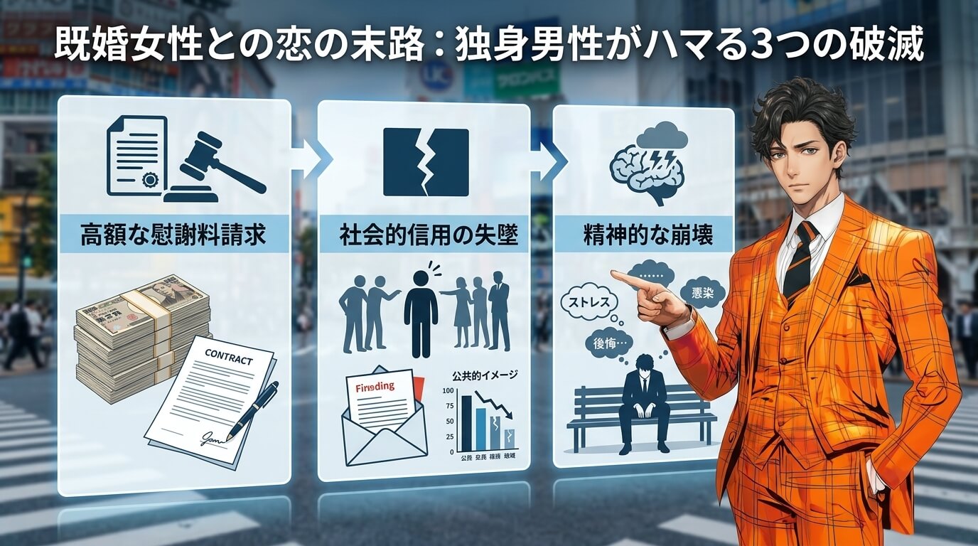 独身男性が既婚女性との恋にハマる3つの末路を図解。「高額な慰謝料請求」「社会的信用の失墜」「精神的な崩壊」の3つの要素をアイコンと共に示すインフォグラフィック。]