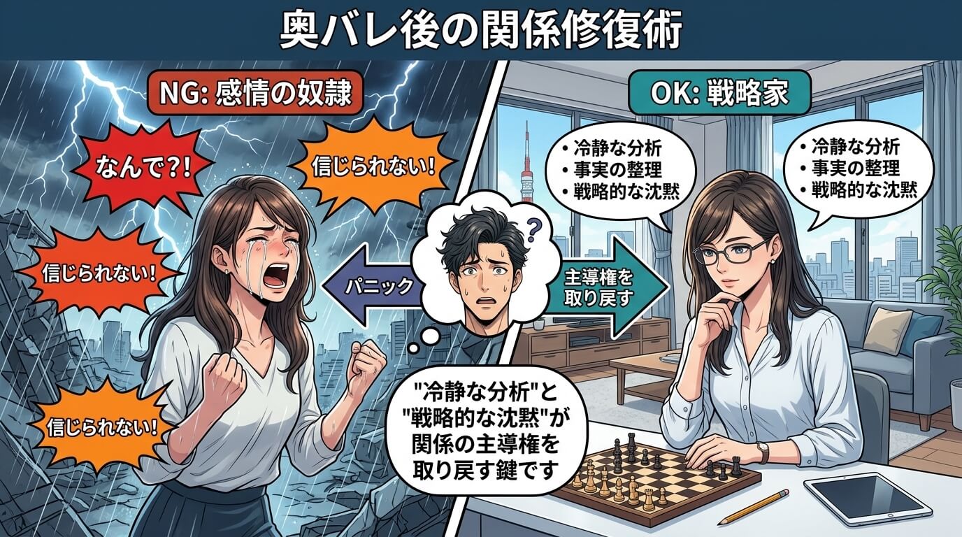 日本人の写真と現代日本の風景がベース。参照画像のテイストで生成。, インフォグラフィック、奥バレ後の関係修復術。モダンなデジタルイラスト。画面を左右に分割し、左に「NG:感情の奴隷」として嵐の中で泣き