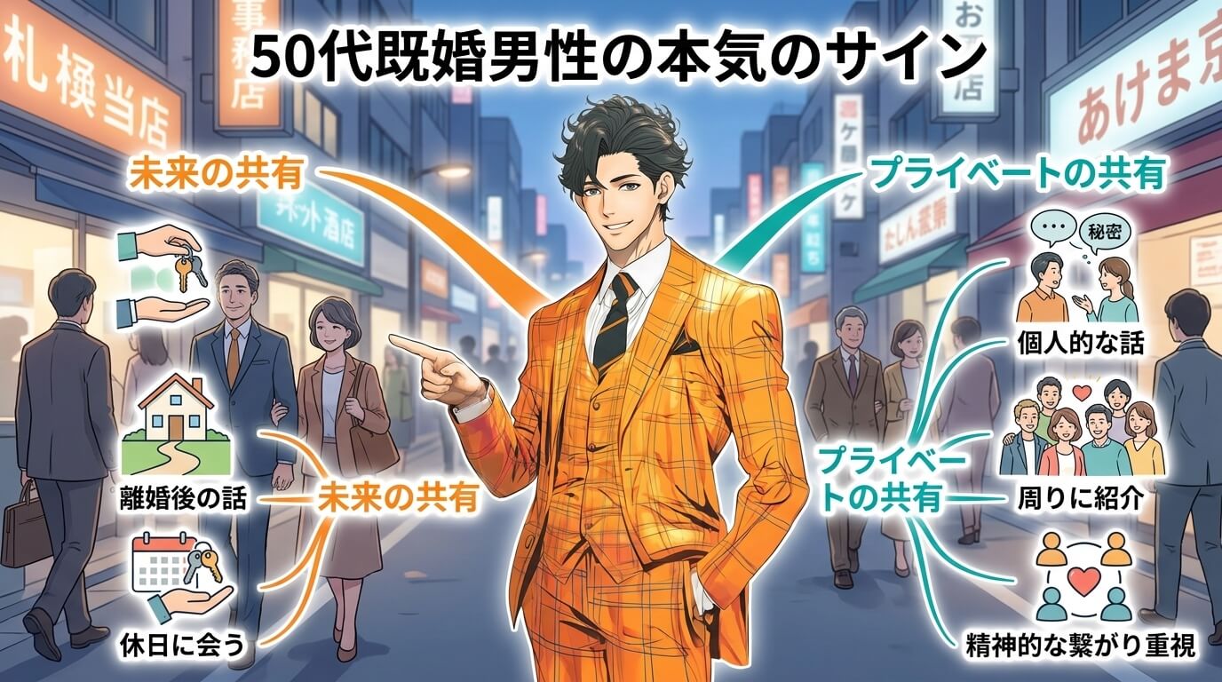 日本人の写真と現代日本の風景がベース。参照画像のテイストで生成。, インフォグラフィック「50代既婚男性の本気のサイン」。中央の男性イラストから「未来の共有」と「プライベートの共有」という2つのカテゴ