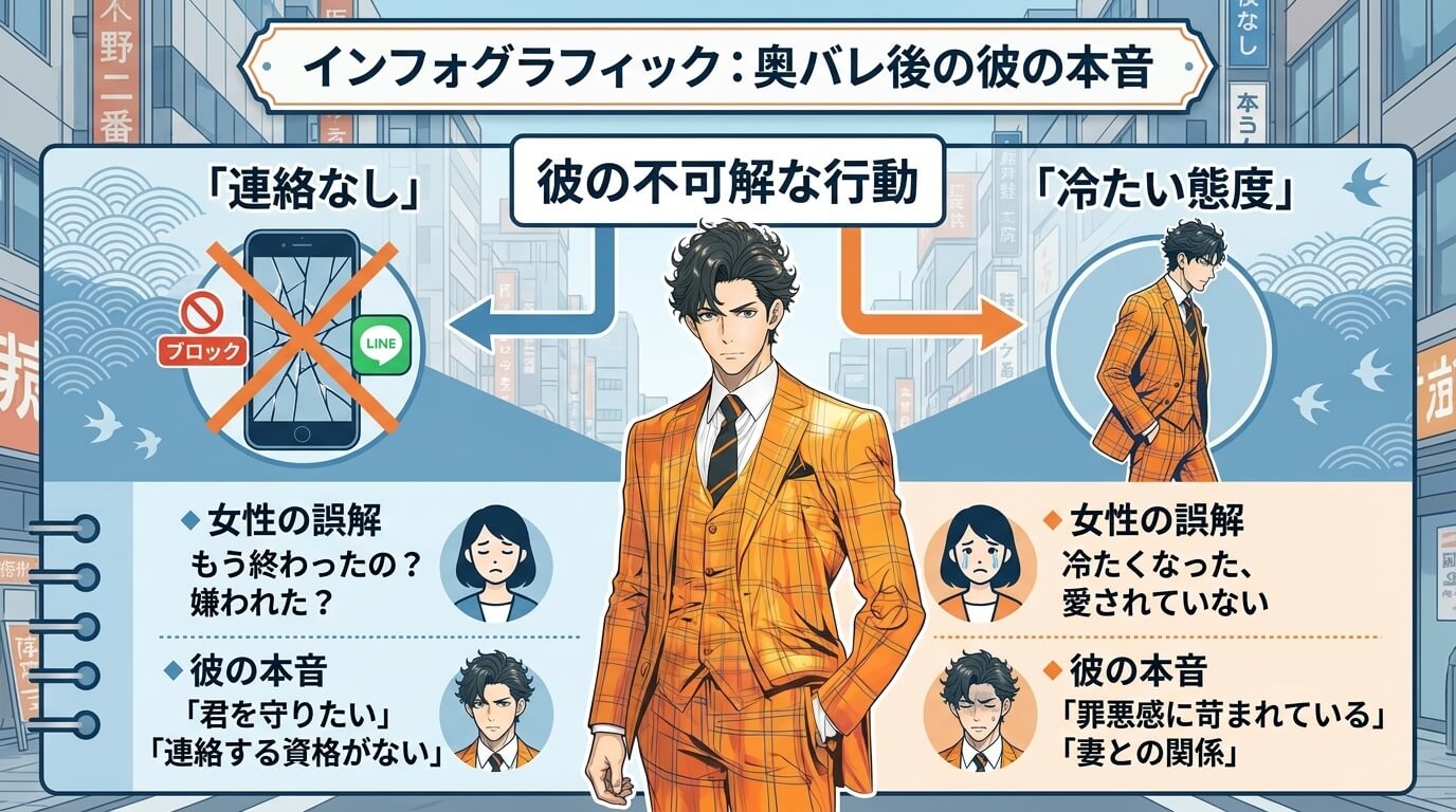 日本人の写真と現代日本の風景がベース。参照画像のテイストで生成。, インフォグラフィック、テーマは「奥バレ後の彼の本音」。中央の「彼の不可解な行動」から二股に分岐。左は「連絡なし」でブロックされたスマ