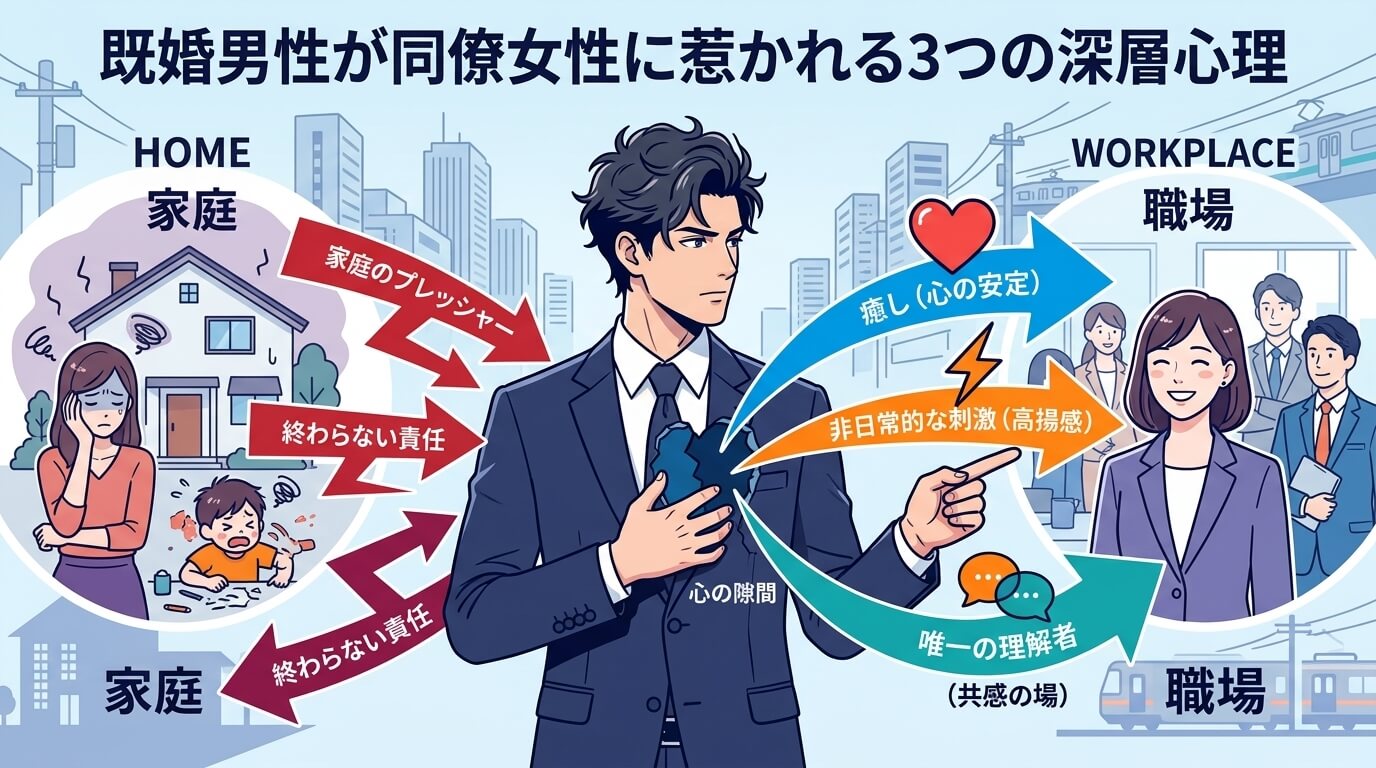 日本人の写真と現代日本の風景がベース。参照画像のテイストで生成。, インフォグラフィック、図解。中央に「心の隙間」を抱えるスーツ姿の男性。左の「家庭」エリアからプレッシャーを示す矢印が男性へ。右の「職