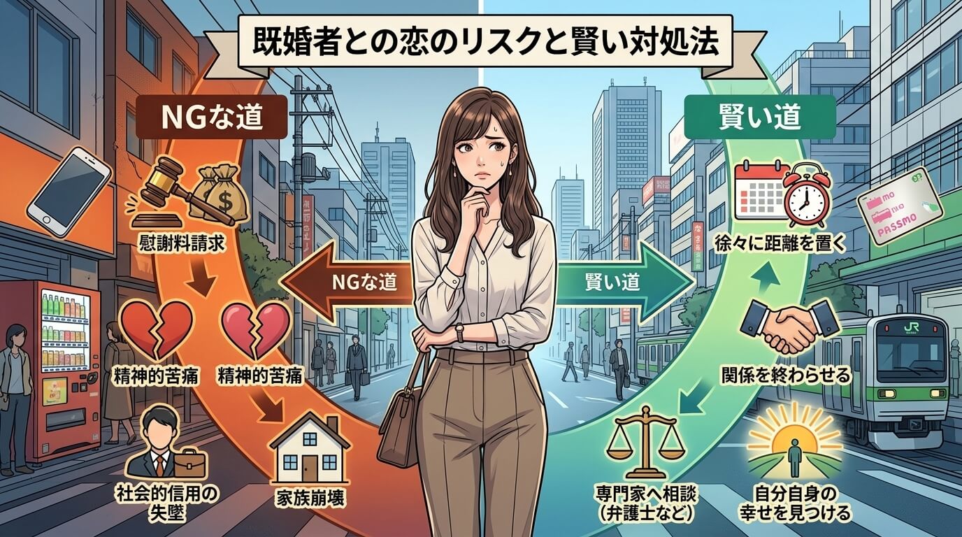 日本人の写真と現代日本の風景がベース。参照画像のテイストで生成。, 「既婚者との恋のリスクと賢い対処法」をテーマにしたインフォグラフィック。中央に悩む女性を配置。左側には「NGな道」として慰謝料や社会