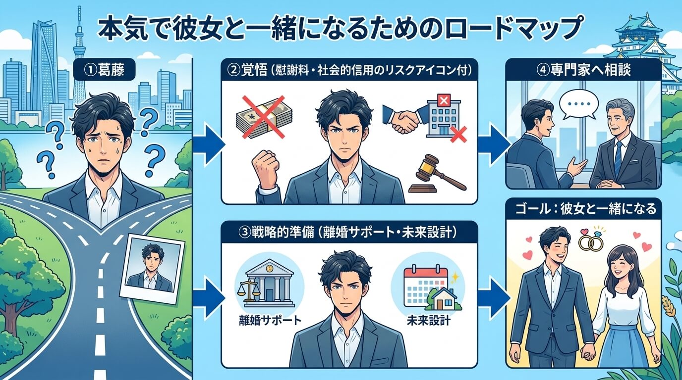 日本人の写真と現代日本の風景がベース。参照画像のテイストで生成。, 「本気で彼女と一緒になるためのロードマップ」というタイトルのインフォグラフィック。悩む男性がゴールにたどり着くまでの4ステップのフロ
