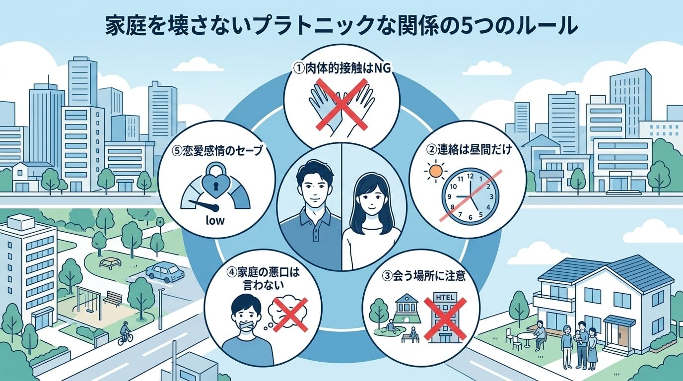 日本人の写真と現代日本の風景がベース。参照画像のテイストで生成。, 「家庭を壊さないプラトニックな関係の5つのルール」をテーマにしたインフォグラフィック。清潔感のあるフラットデザインのデジタルイラスト