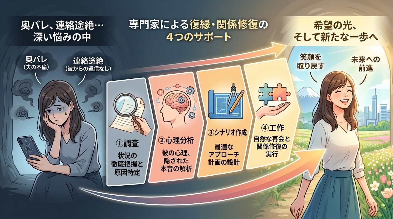 日本人の写真と現代日本の風景がベース。参照画像のテイストで生成。, インフォグラフィック、フロー図。左に暗いトンネルで「奥バレ」「連絡途絶」と悩み抱える女性。中央に道筋として「専門家の4つのサポート」