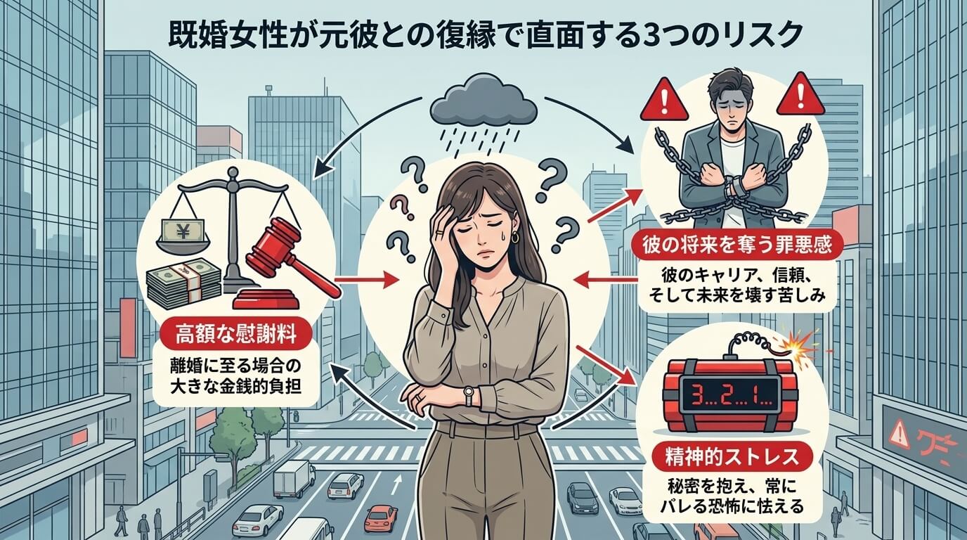 日本人の写真と現代日本の風景がベース。参照画像のテイストで生成。, 既婚女性が元彼との復縁で直面する3つのリスクを示すインフォグラフィック。中央に悩む女性を配置し、その周りに「高額な慰謝料（お金と裁判