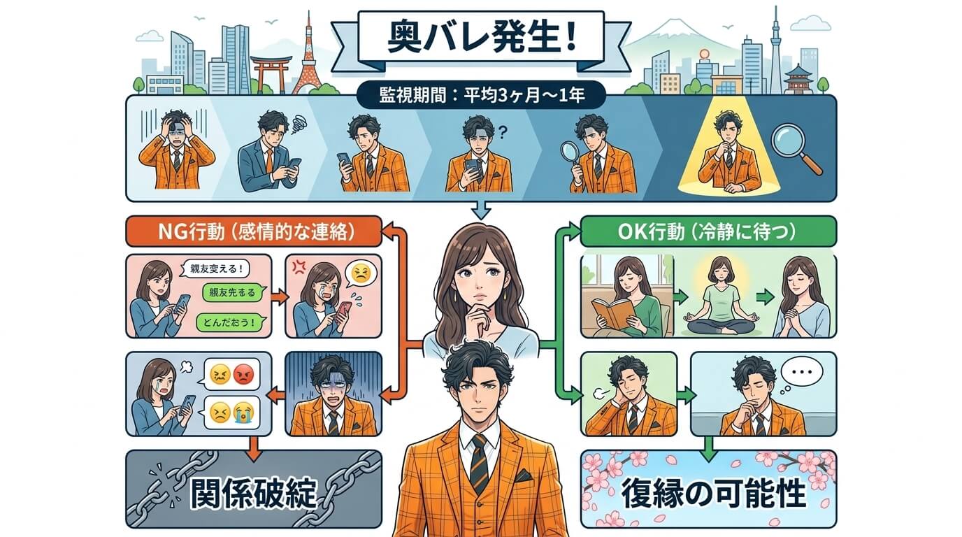 日本人の写真と現代日本の風景がベース。参照画像のテイストで生成。, インフォグラフィック、フローチャート形式。「奥バレ後の未来の分かれ道」というテーマ。上部に「奥バレ発生！」、中央に「監視期間：平均3