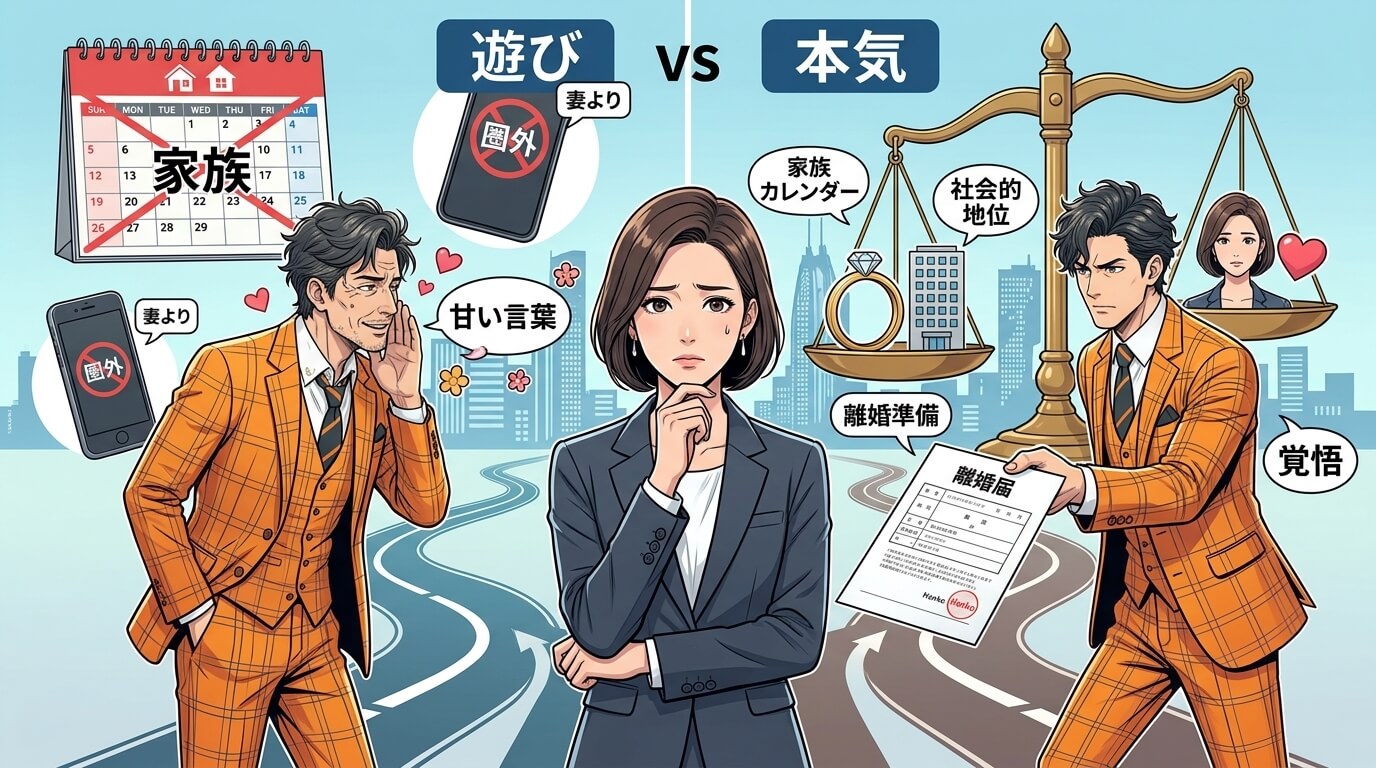 日本人の写真と現代日本の風景がベース。参照画像のテイストで生成。, インフォグラフィック、フラットなデジタルイラスト。中央の分岐点を挟み、50代既婚男性の好意を「遊び」と「本気」で比較する図解。左の「