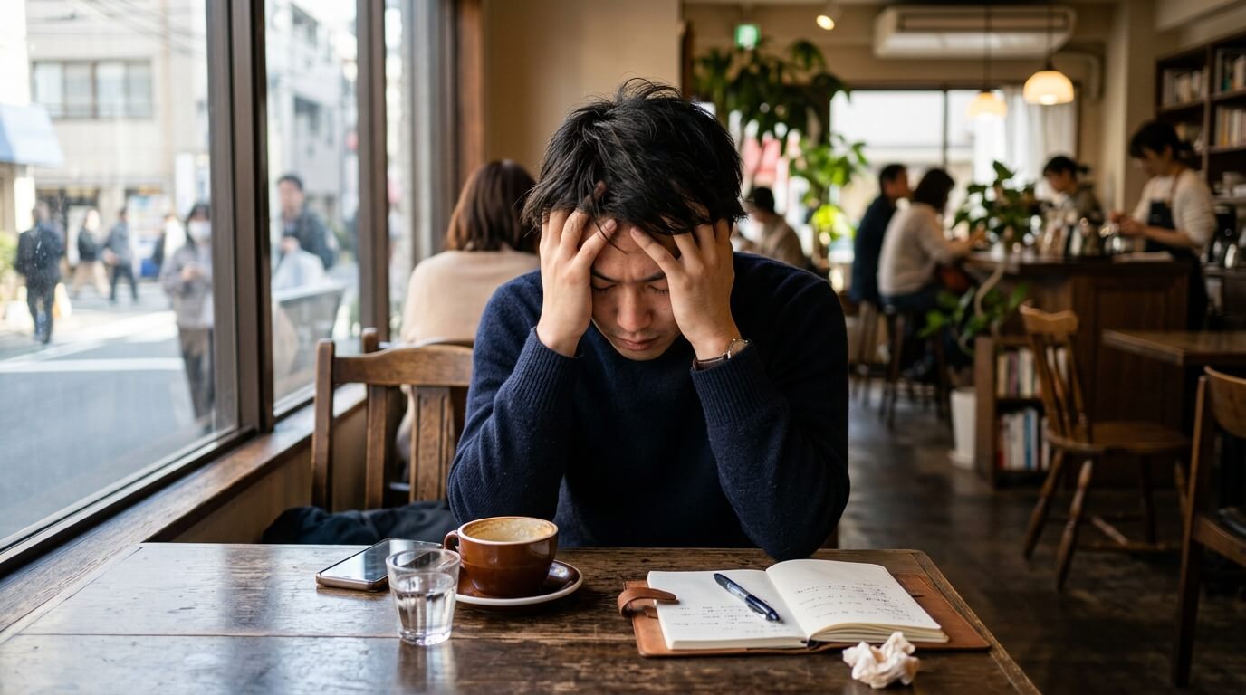 カフェで一人、頭を抱えて悩んでいる男性の様子の写真]