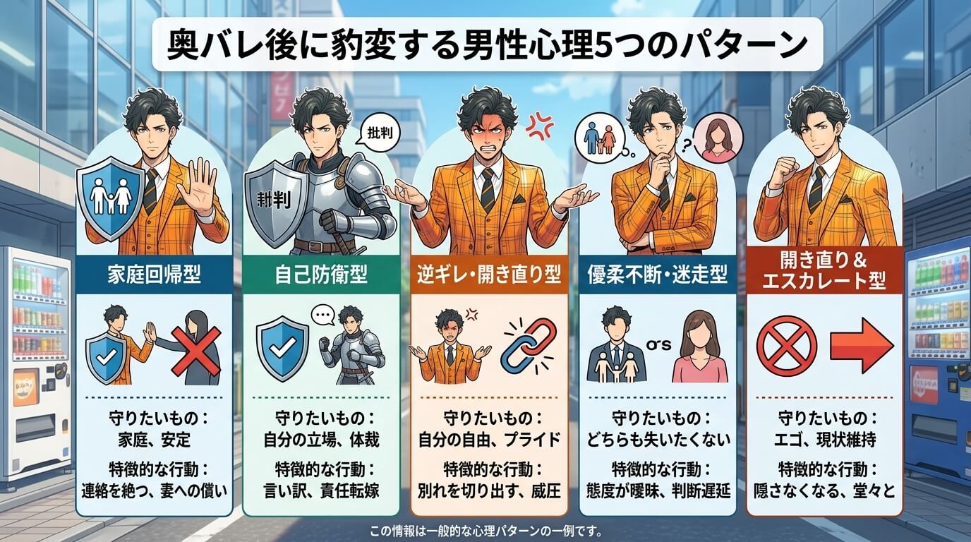 日本人の写真と現代日本の風景がベース。参照画像のテイストで生成。, インフォグラフィック「奥バレ後に豹変する男性心理5つのパターン」。中央にタイトルを配置し、その下に5つの列で各心理パターン（家庭回帰