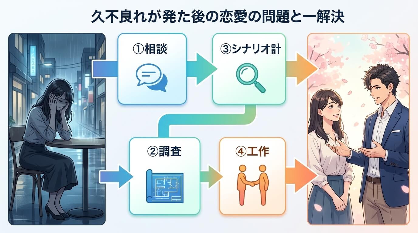 日本人の写真と現代日本の風景がベース。参照画像のテイストで生成。, 奥バレ後の恋愛問題を専門家が解決するプロセスのインフォグラフィック。左側に暗い背景で一人悩む女性。中央に「①相談」「②調査（虫眼鏡ア