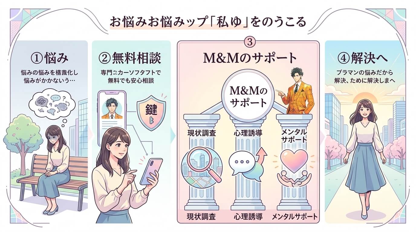 日本人の写真と現代日本の風景がベース。参照画像のテイストで生成。, 復縁の悩みを専門家が解決する流れを描いたインフォグラフィック。①悩み：暗い表情で一人悩む女性。②無料相談：スマホで相談する様子と安心