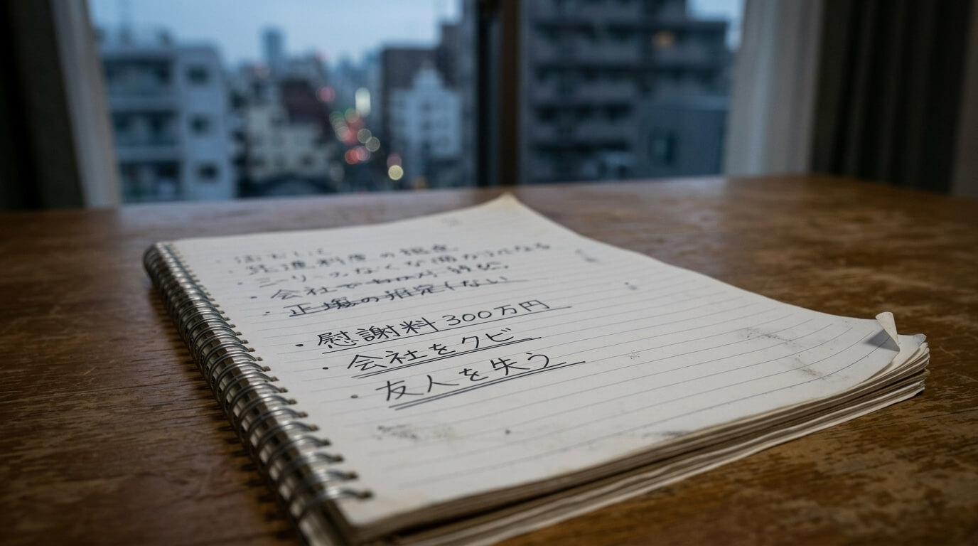 手書きで「慰謝料300万円」「会社をクビ」「友人を失う」などのリスクが書き出されたメモ帳の写真。リアリティを出すため、実際に書いたような雰囲気のものが望ましい。]