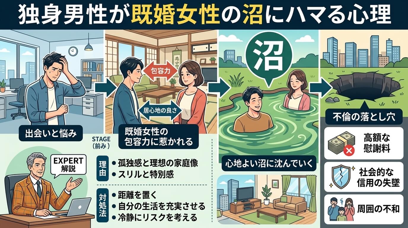 日本人の写真と現代日本の風景がベース。参照画像のテイストで生成。, 「独身男性が既婚女性の沼にハマる心理」をテーマにしたインフォグラフィック。悩む独身男性が、既婚女性の「包容力」に惹かれ、心地よい「沼