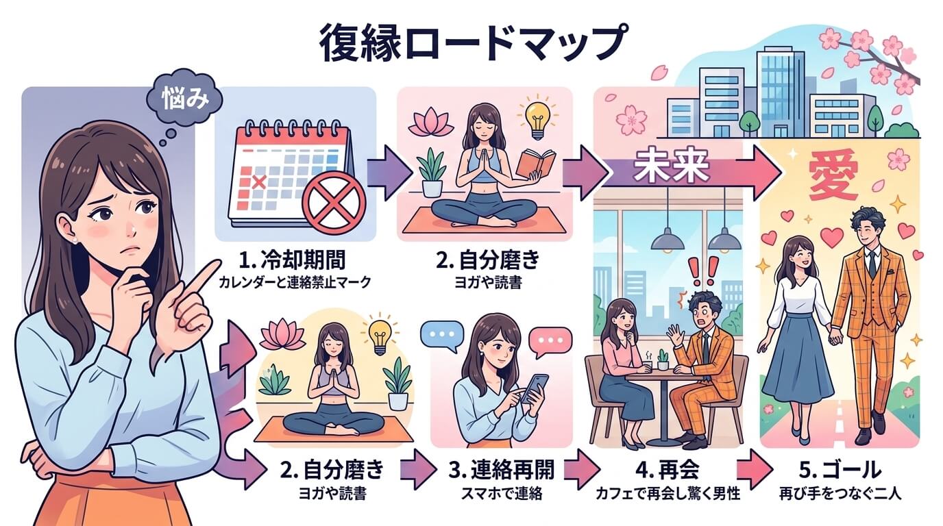 日本人の写真と現代日本の風景がベース。参照画像のテイストで生成。, 「復縁ロードマップ」というタイトルのインフォグラフィック。悩む女性が5つのステップを辿りゴールを目指す様子を、矢印で繋がったステップ
