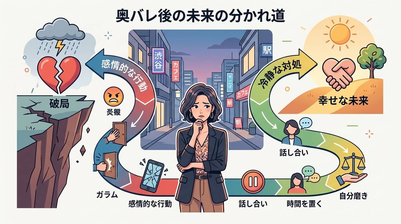 日本人の写真と現代日本の風景がベース。参照画像のテイストで生成。, 「奥バレ後の未来の分かれ道」というテーマのインフォグラフィック。中央に悩む女性を配置し、そこから道が二つに分岐するフローチャート。左