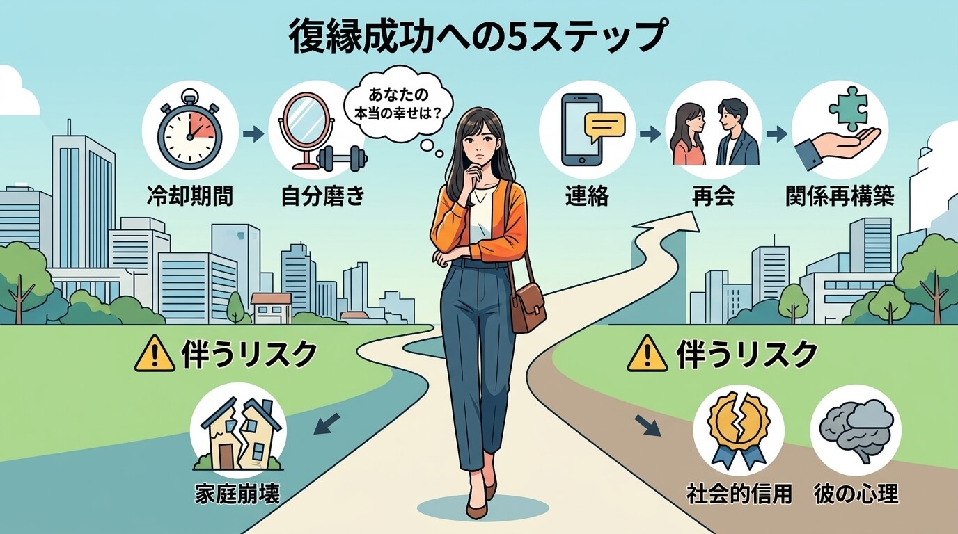 日本人の写真と現代日本の風景がベース。参照画像のテイストで生成。, インフォグラフィック、デジタルイラスト風。中央に「あなたの本当の幸せは？」という問いかけと共に立ち止まる女性。彼女を起点に道が二つに