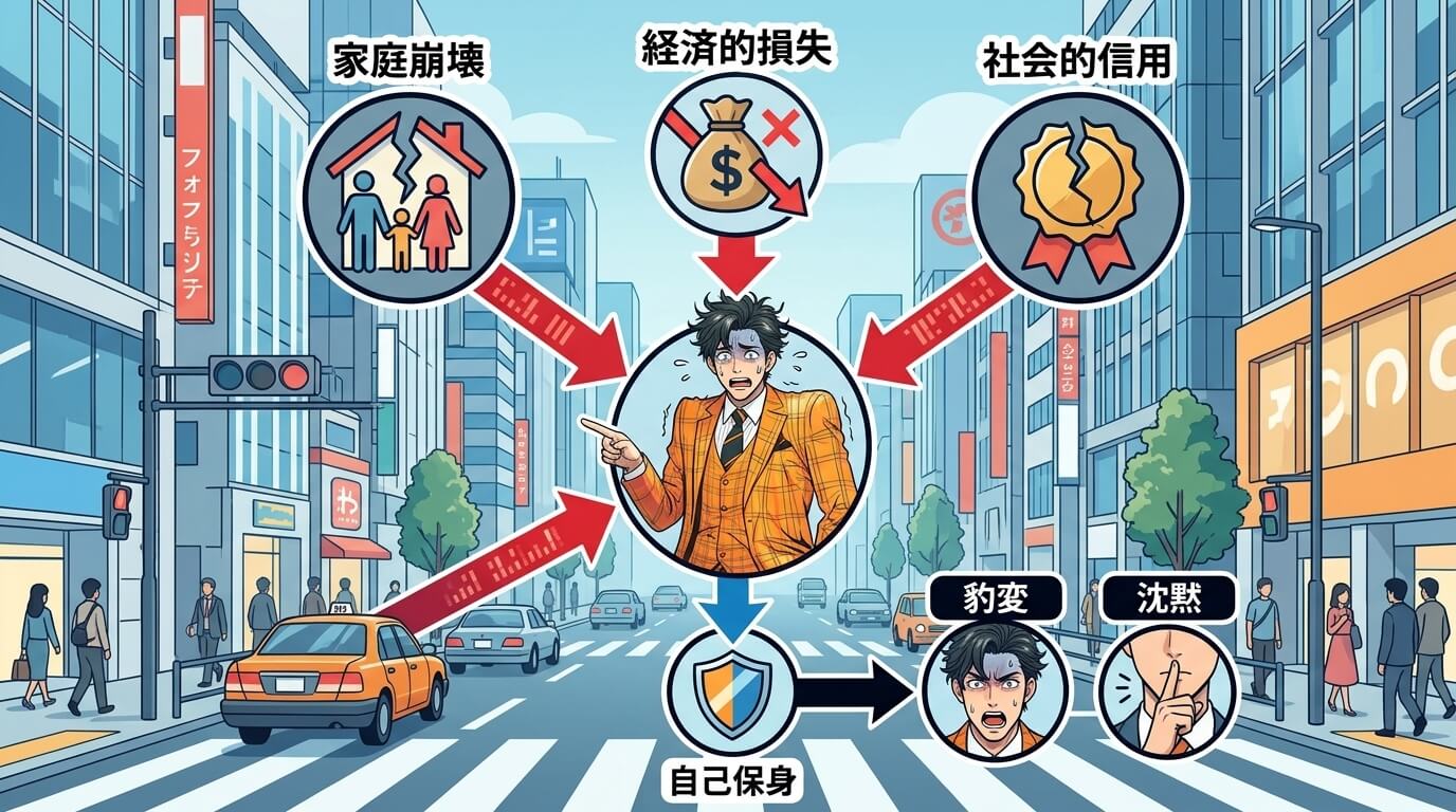 日本人の写真と現代日本の風景がベース。参照画像のテイストで生成。, インフォグラフィック、奥バレ後の男性心理の仕組みを図解。中央にパニック状態の男性を配置。彼を取り囲むように「家庭崩壊」「経済的損失」