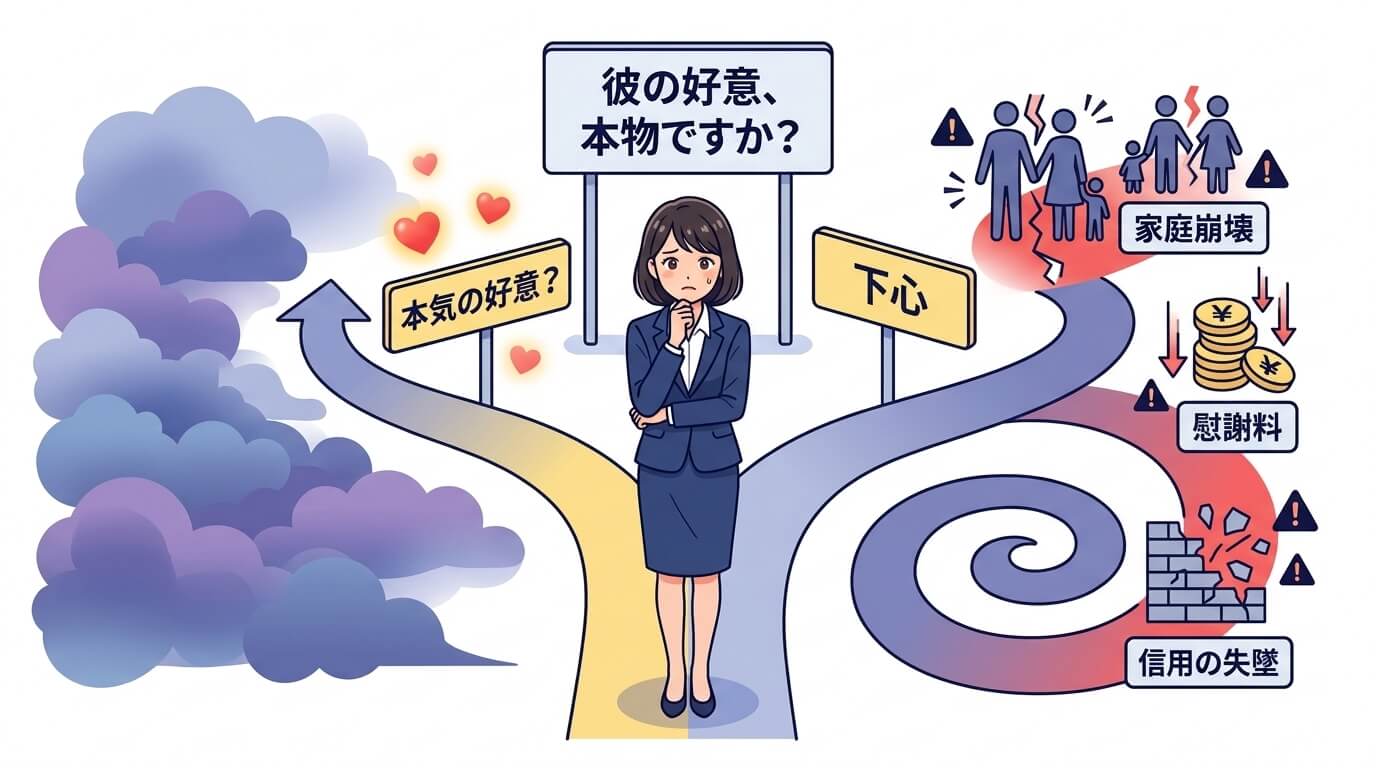 日本人の写真と現代日本の風景がベース。参照画像のテイストで生成。, インフォグラフィック、デジタルイラスト。中央に悩むオフィスワーカーの女性。彼女の前で道が二つに分岐。左の道は「本気の好意？」と書かれ