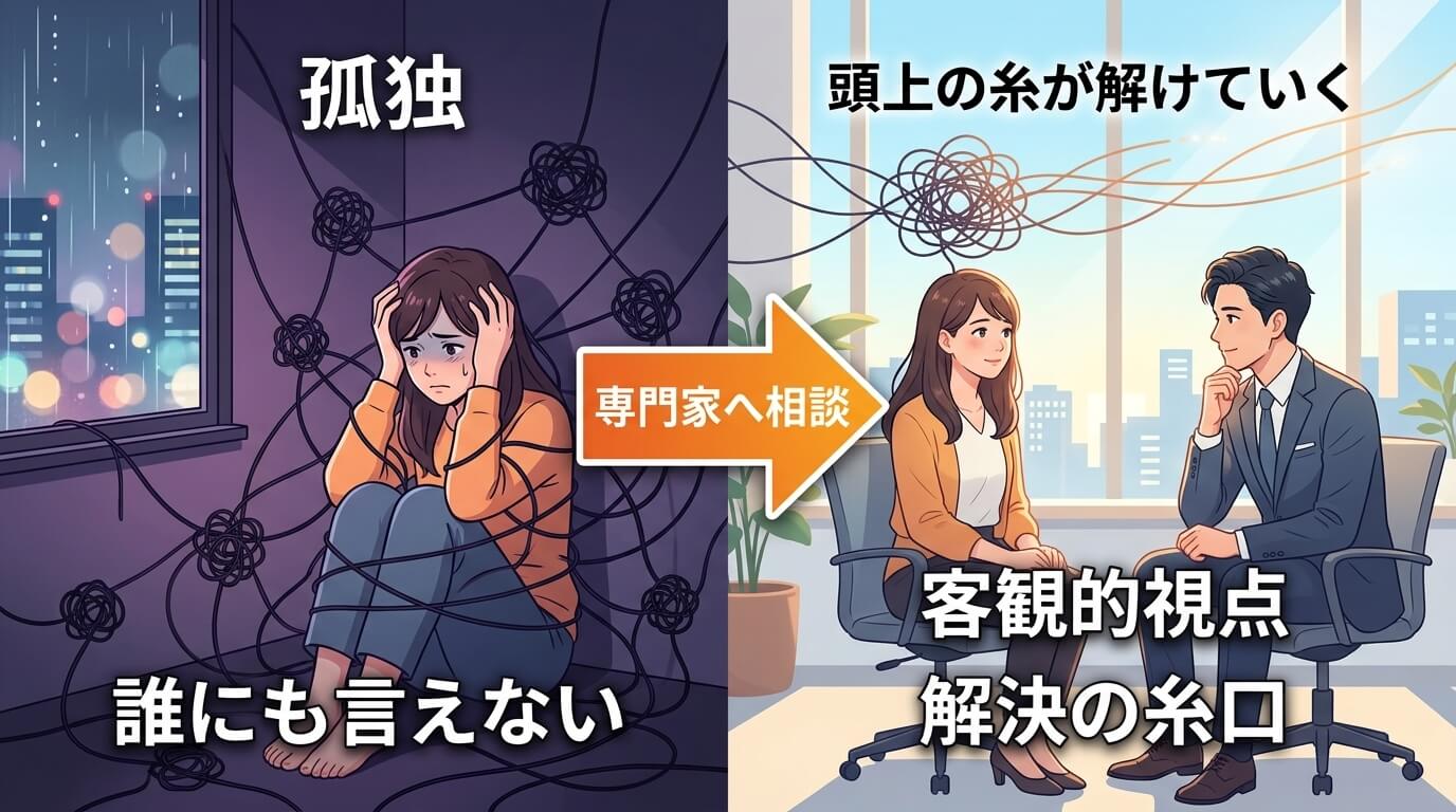 日本人の写真と現代日本の風景がベース。参照画像のテイストで生成。, インフォグラフィック、デジタルイラスト。既婚者とのプラトニックな関係の悩みをテーマにした比較図。左側には、暗い部屋でもつれた糸に囲ま