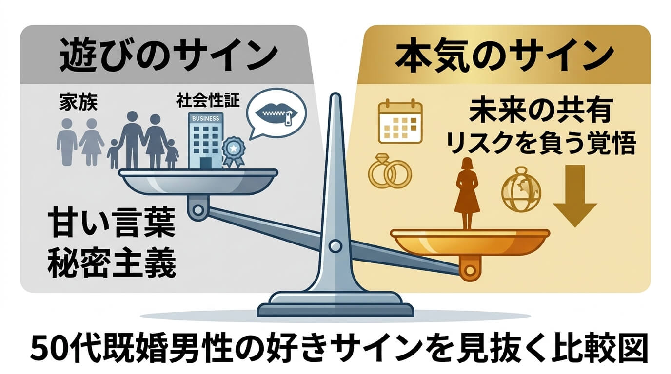 日本人の写真と現代日本の風景がベース。参照画像のテイストで生成。, インフォグラフィック、「50代既婚男性の好きサイン」を見抜く比較図。画面中央に大きな天秤を配置。天秤の左皿には「家庭・社会的地位」の