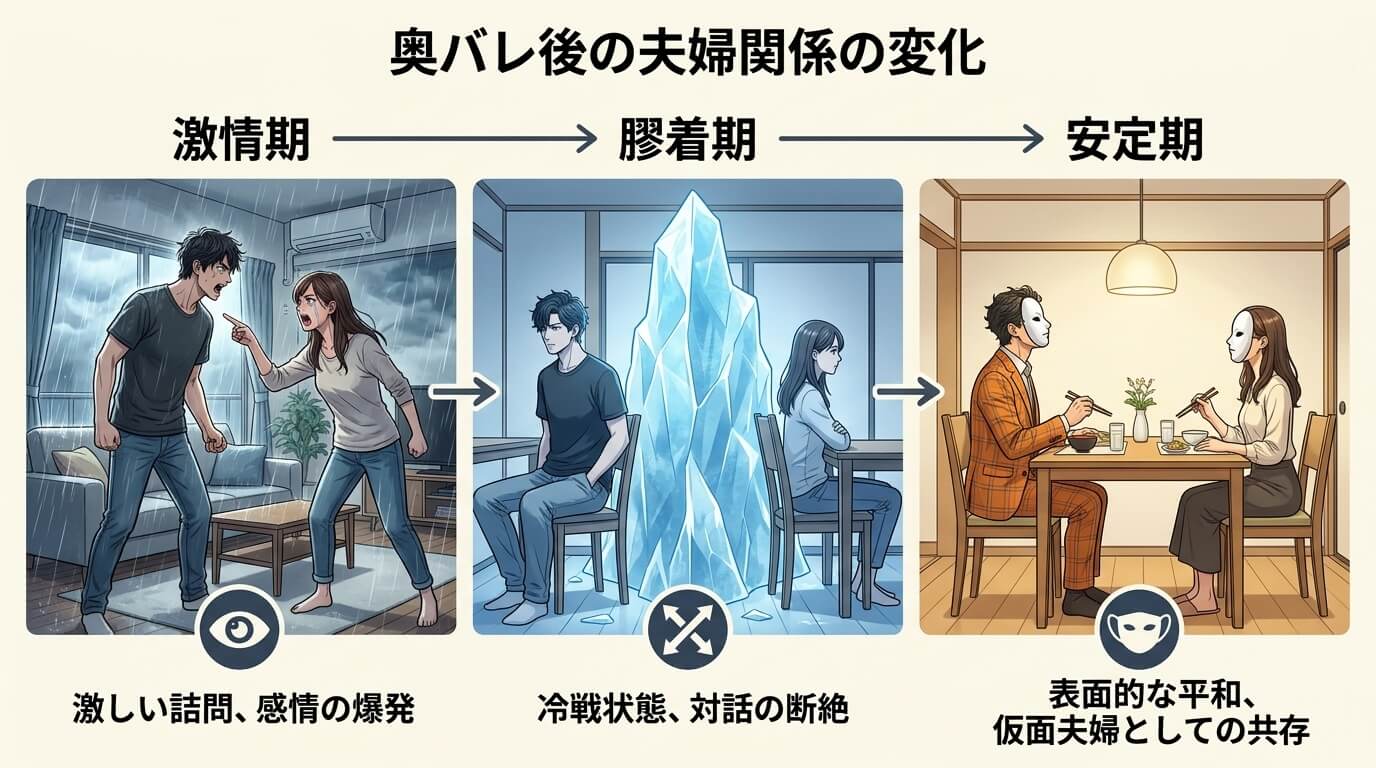 日本人の写真と現代日本の風景がベース。参照画像のテイストで生成。, 「奥バレ後の夫婦関係の変化」を示すインフォグラフィック。左から右へ時間経過を表すフロー図。シンプルなデジタルイラスト。①激情期：嵐の