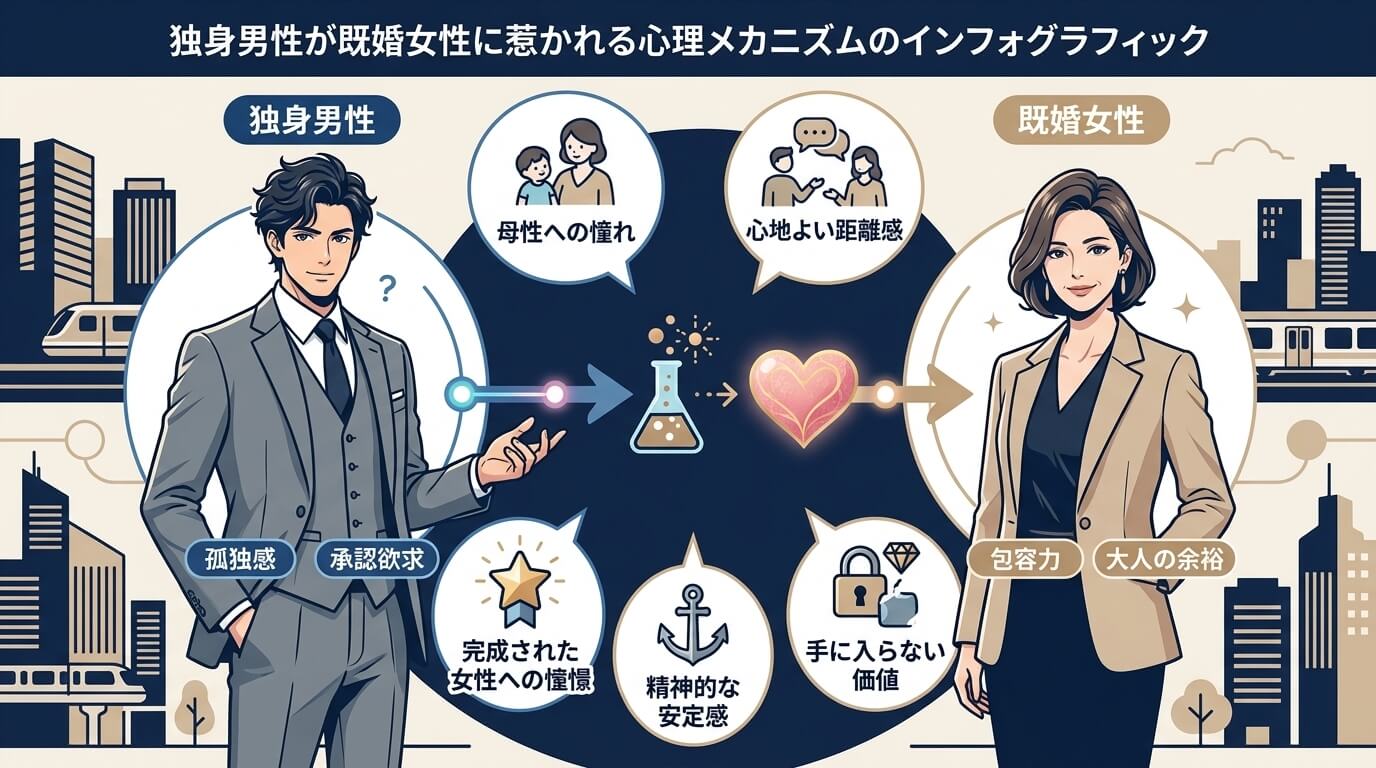 日本人の写真と現代日本の風景がベース。参照画像のテイストで生成。, 独身男性が既婚女性に惹かれる心理メカニズムのインフォグラフィック。フラットデザインのデジタルイラスト。左に「孤独感・承認欲求」を抱え