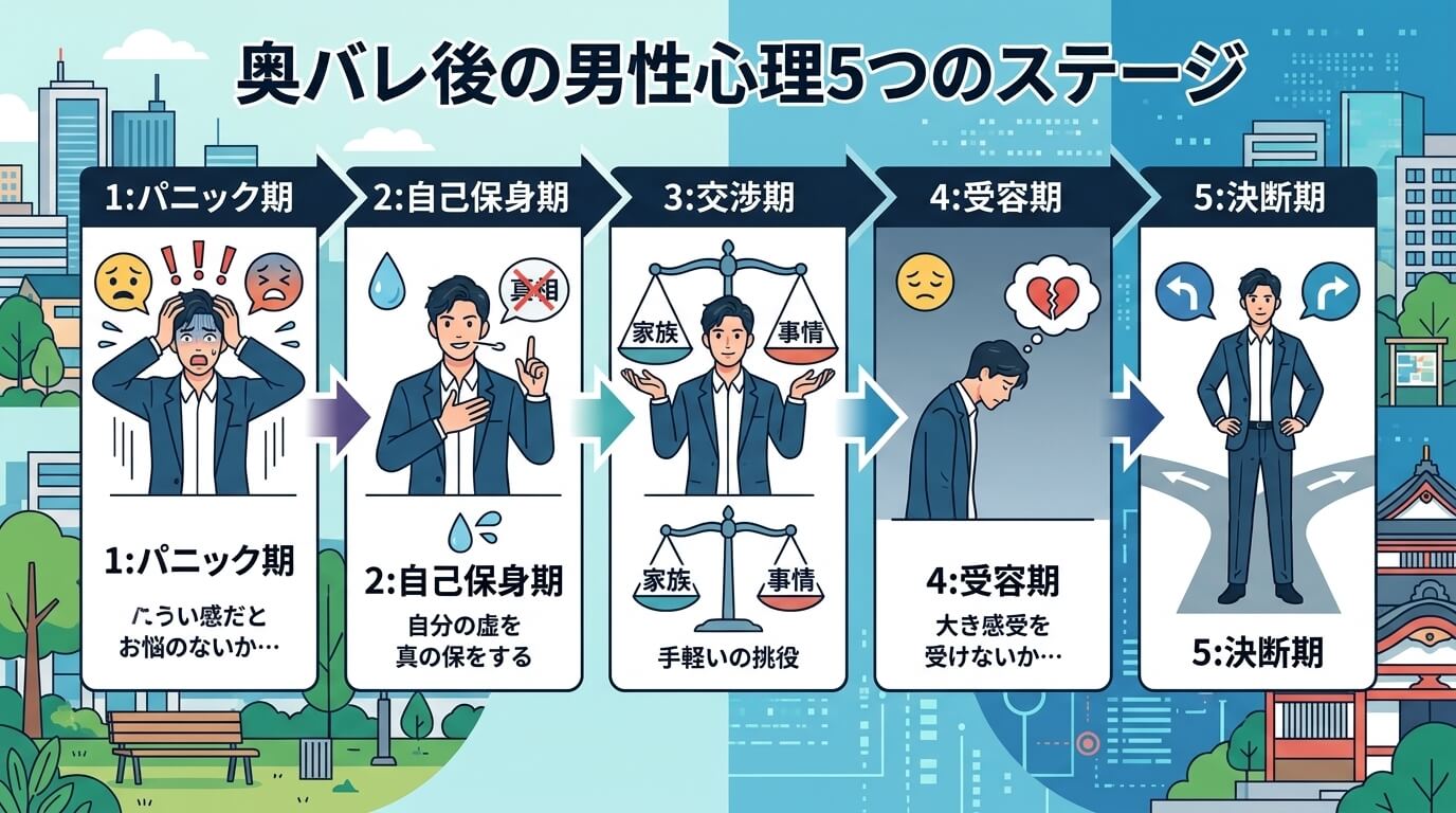 日本人の写真と現代日本の風景がベース。参照画像のテイストで生成。, インフォグラフィック、『奥バレ後の男性心理5つのステージ』というタイトル。男性の心理が5段階で変化する様子を示すステップ図。各ステー