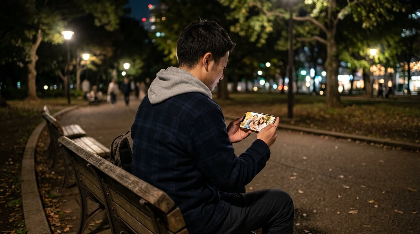 夜の公園のベンチで、スマートフォンの待ち受け画面に映る家族の写真を見つめている男性の後ろ姿の写真]