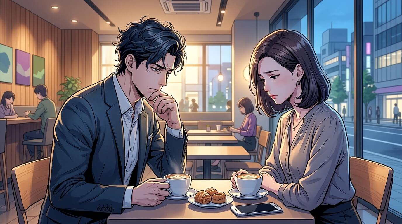 カフェで向かい合って話しているが、どこか思い悩む表情の30代〜40代の男女のイメージ写真。幸せな関係性だけでなく、その裏にある葛藤を表現する]