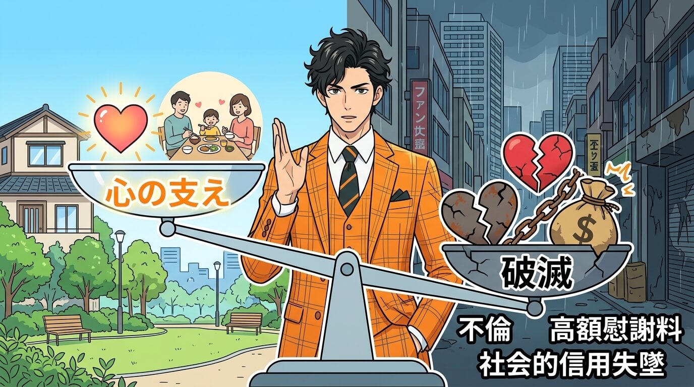 日本人の写真と現代日本の風景がベース。参照画像のテイストで生成。, プラトニックな関係のメリットとリスクを比較するインフォグラフィック。中央に天秤を配置し、左の皿は軽く「心の支え」として輝くハートと穏