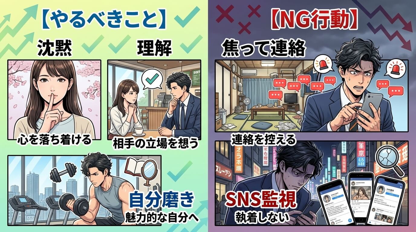 日本人の写真と現代日本の風景がベース。参照画像のテイストで生成。, 「奥バレ監視期間の乗り切り方」をテーマにしたインフォグラフィック。画面を左右に分割した比較図で、左に「やるべきこと」、右に「NG行動