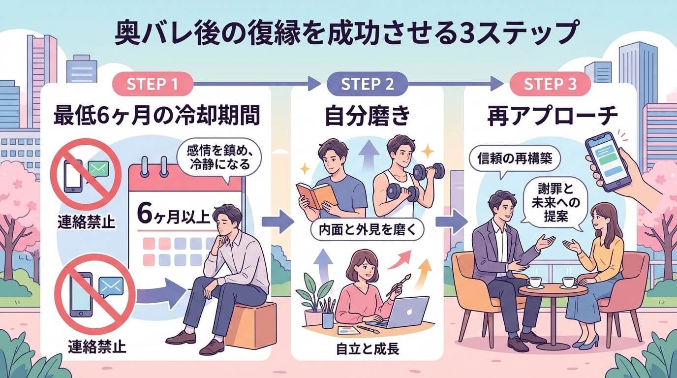 日本人の写真と現代日本の風景がベース。参照画像のテイストで生成。, 「奥バレ後の復縁」を成功させる3ステップのインフォグラフィック。左から右へ進むフロー図で、ステップ1「最低6ヶ月の冷却期間」、ステッ