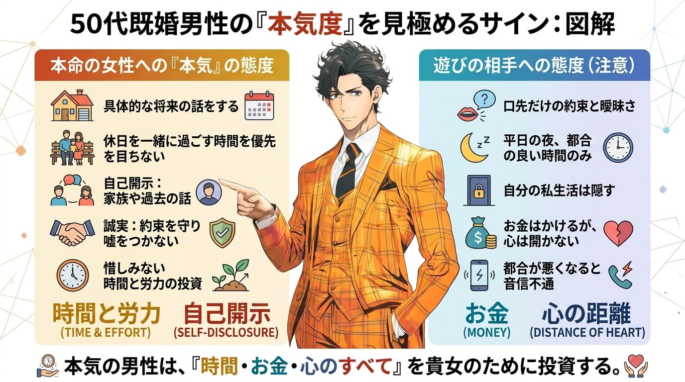 日本人の写真と現代日本の風景がベース。参照画像のテイストで生成。, 「50代既婚男性の本気度」をテーマにしたインフォグラフィック。中央に思慮深い男性イラストを配置し、左右で「本命の女性への態度（本気）