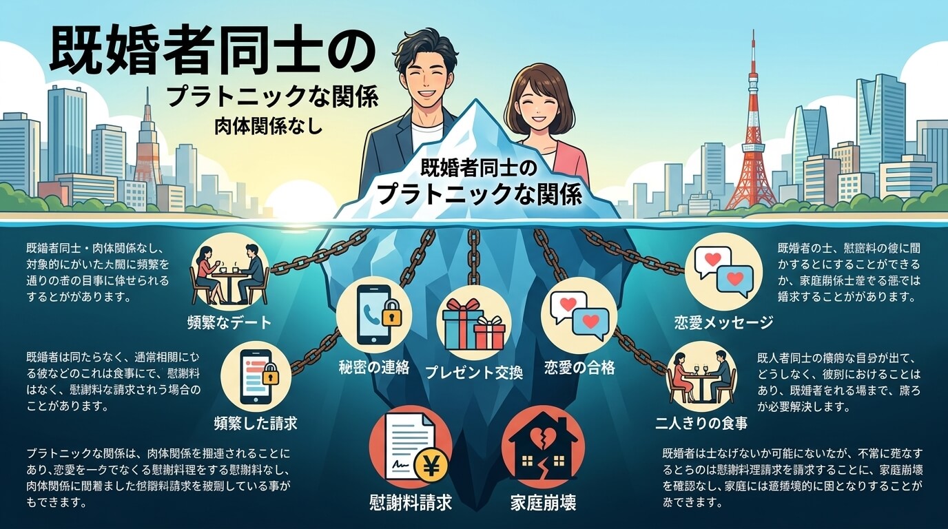 日本人の写真と現代日本の風景がベース。参照画像のテイストで生成。, インフォグラフィック、氷山のイラストで「既婚者同士のプラトニックな関係」の危険性を図解。水面上には「プラトニックな関係」「肉体関係な